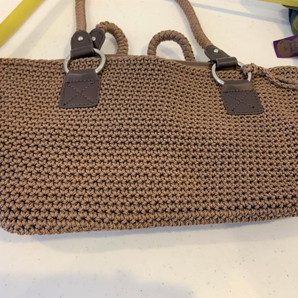 Saks Taupe Brown Crochet Shoulder Bag Tote - Picture 14 of 14